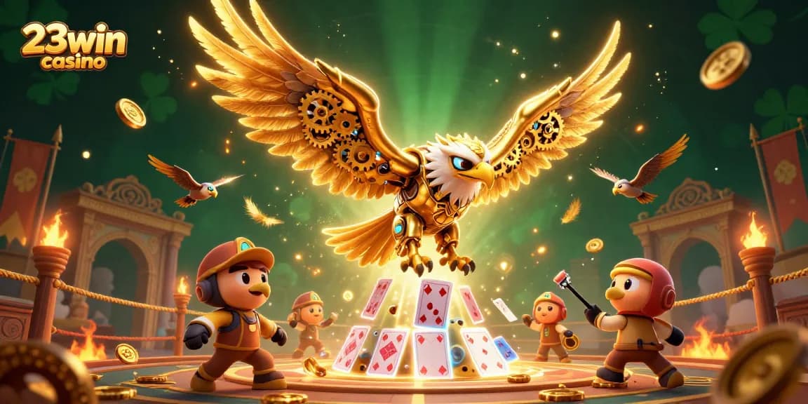 Dive into exciting gameplay at 23win casino with a 3D illustration featuring a golden eagle amidst a dynamic casino scene.
