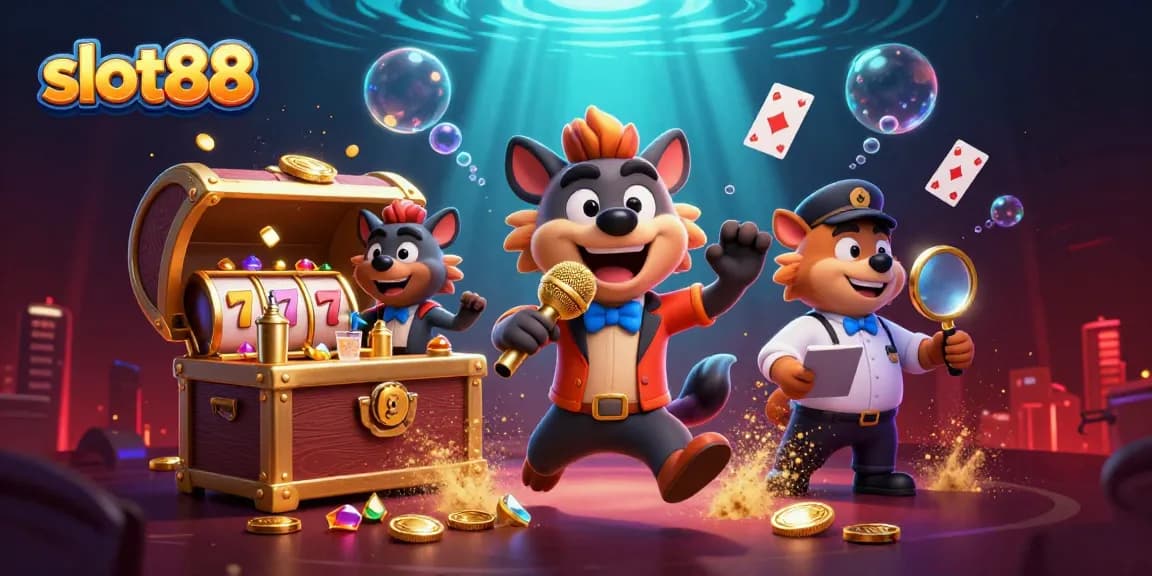Experience fun and excitement with slot88 in a vibrant casino scene featuring hyena characters.