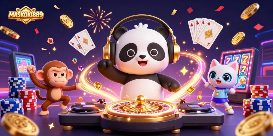Join the fun with MASKOKI889 featuring a DJ panda spinning reels, a breakdancing monkey, and a rave kitten in this vibrant casino scene.