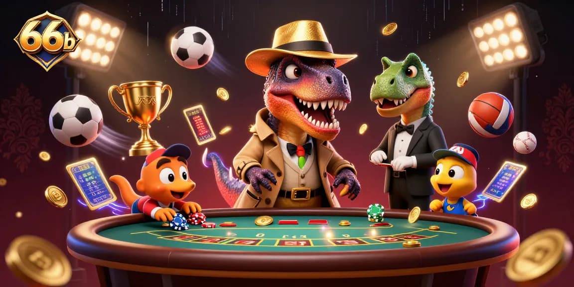 Experience thrilling action at 66b with a colorful 3D scene of a velociraptor card counter and vibrant sports elements.