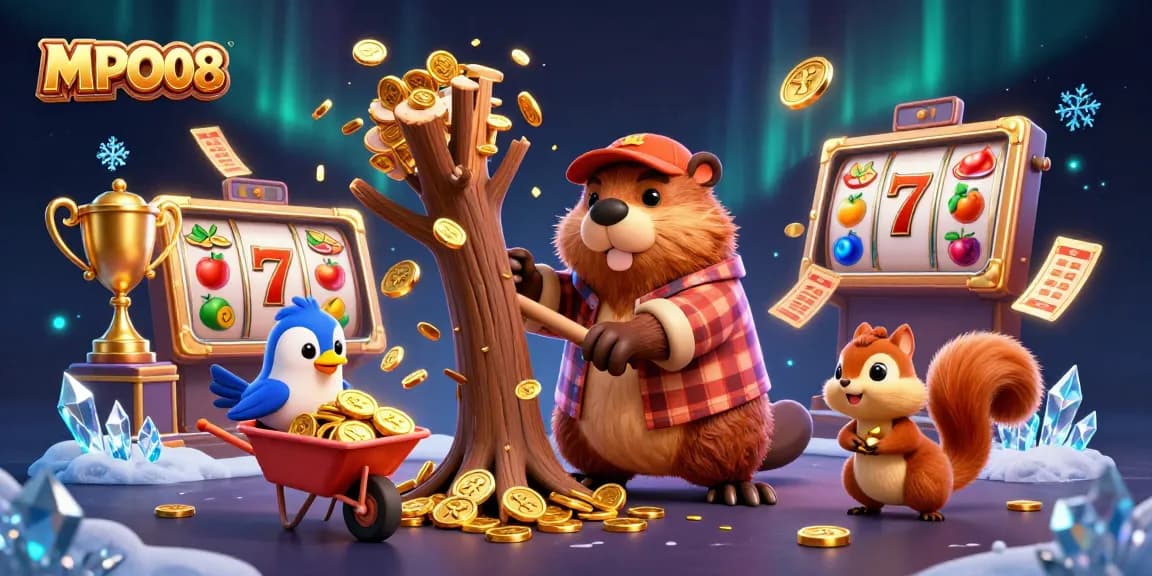 MPO08 offers thrilling slot adventures with cartoon characters collecting coins in a vibrant casino scene.