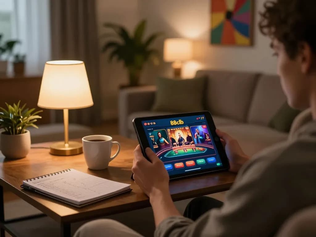 Engaged player using 88clb app on tablet in cozy home setting, emphasizing online gambling.
