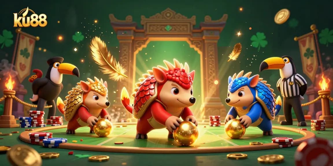 ku88 pangolins compete in a vivid casino scene filled with poker chips and golden scales.