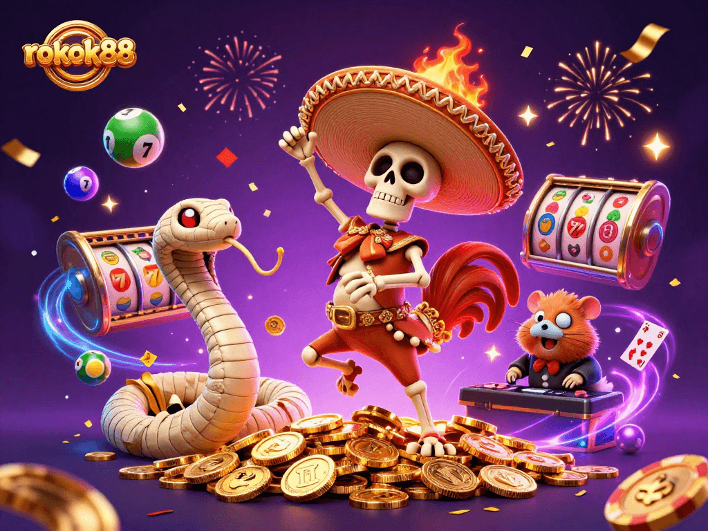 Engage in exciting games at rokok88 with dynamic lottery balls, a playful rooster, and thrilling casino vibes.