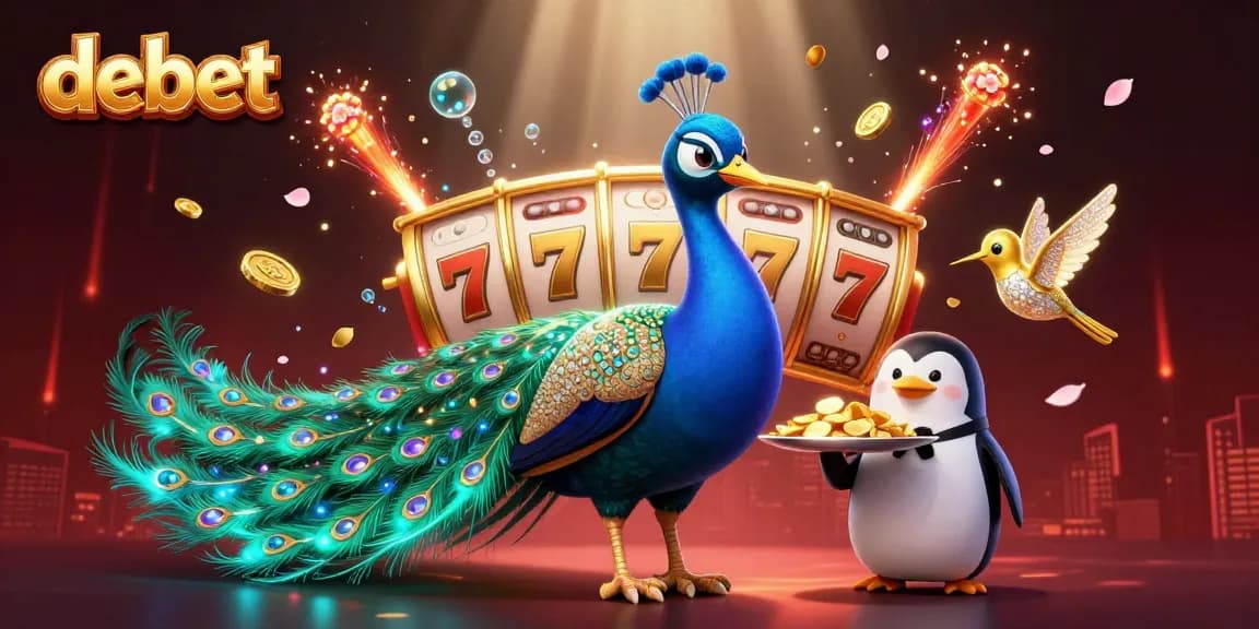 Play with debet at an exciting casino-themed illustration featuring vibrant characters and slot games.
