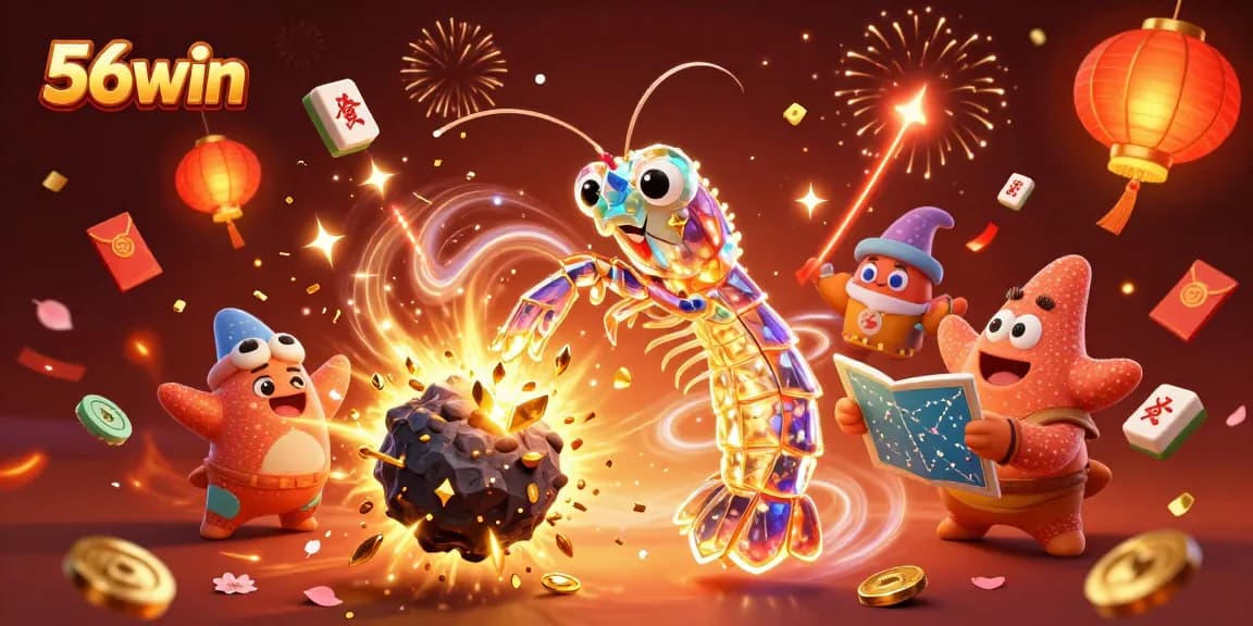 Engage with 56win's vibrant universe, featuring a samurai mantis shrimp and starfish amid golden jackpots.