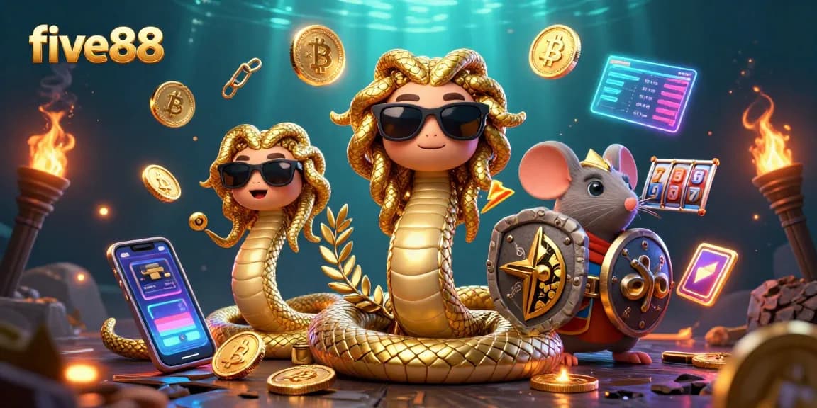 Engage with five88's vibrant 3D casino scene featuring Medusa and a warrior mouse amidst crypto elements.
