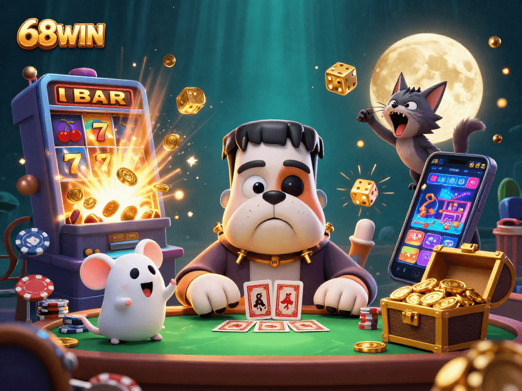 Experience thrilling gameplay at 68WIN with a vibrant 3D casino illustration featuring exciting characters and jackpot action.
