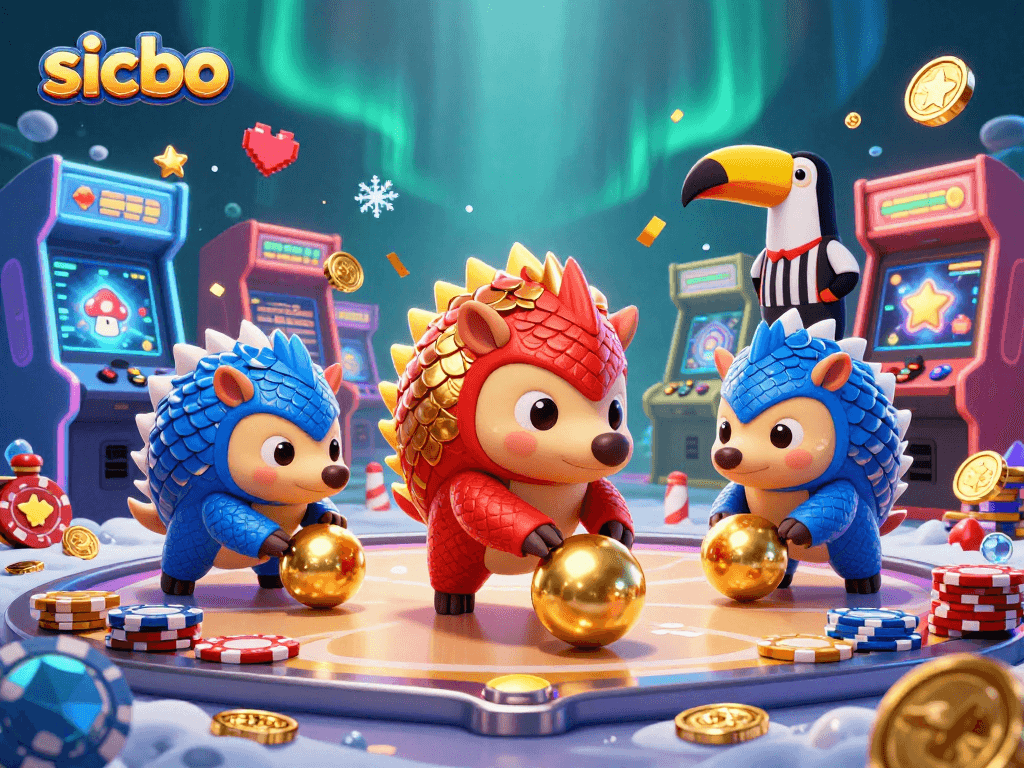 Experience sicbo excitement with pangolins rolling golden balls among poker chips in a lively casino setting.
