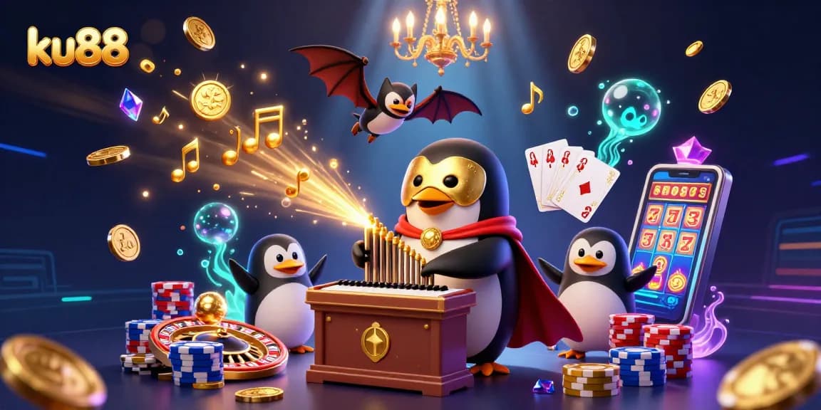 ku88 gaming illustration with a penguin playing an organ, golden coins flying around