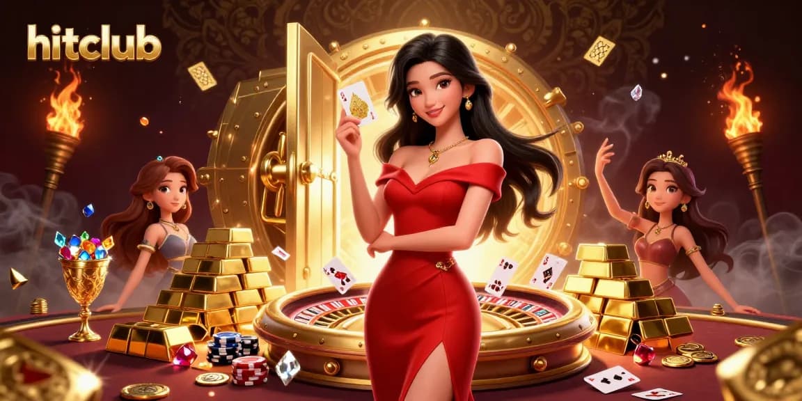 hitclub showcases exciting gameplay with a beautiful woman playing cards beside a golden roulette wheel.