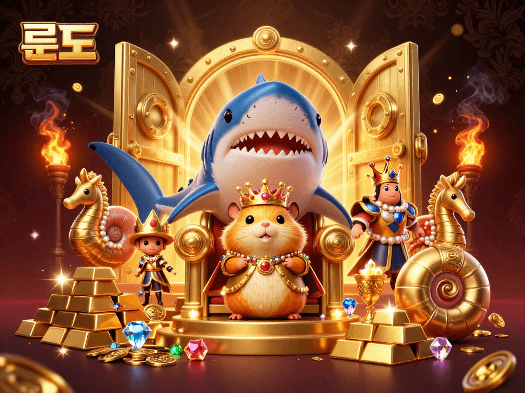 Experience 롤토토 with a fierce hamster king surrounded by treasures and vibrant gambling elements.
