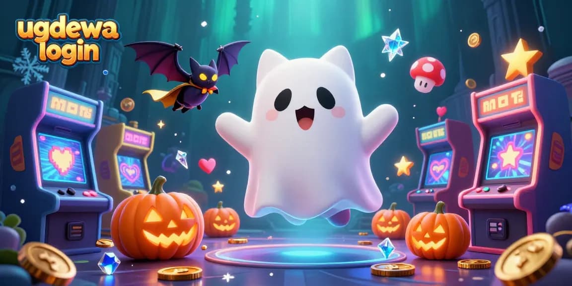 Experience the enchanting ugdewa login with a friendly ghost cat and bat in a vibrant haunted casino.