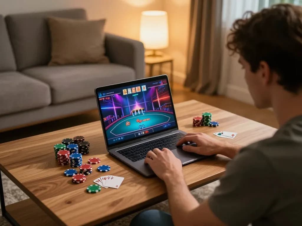Engaged player using keonhacaii88 for online poker in a stylish home setup