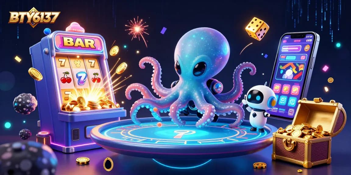 Engage in the cosmic slots with BTY6137 as the alien octopus deals cards at a holographic table.