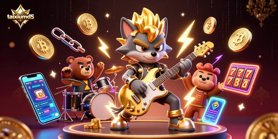 Experience the excitement of taixiumd5 with a dynamic casino scene featuring vibrant characters and glowing game elements.