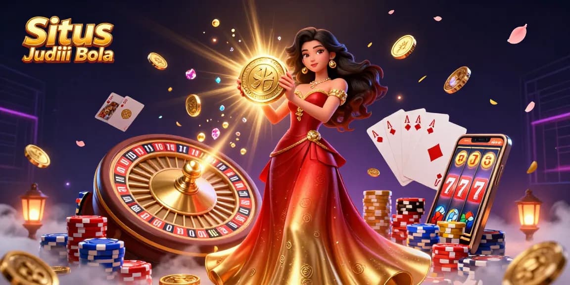Situs Judi Bola showcases a stunning Asian woman holding a giant golden coin amidst flying gems and coins for exciting betting.