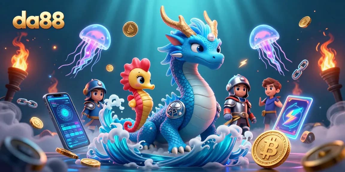 Play at da88 and win big with vibrant casino-themed underwater illustration packed with action!
