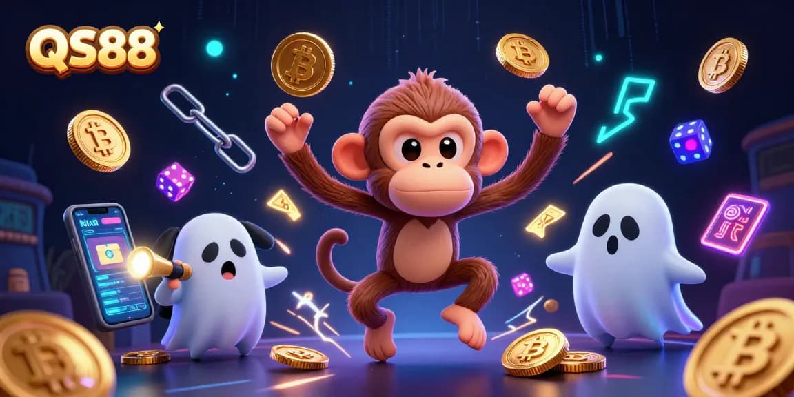 Experience the excitement of QS88 as a mischievous monkey juggles golden casino items in a haunted setting.