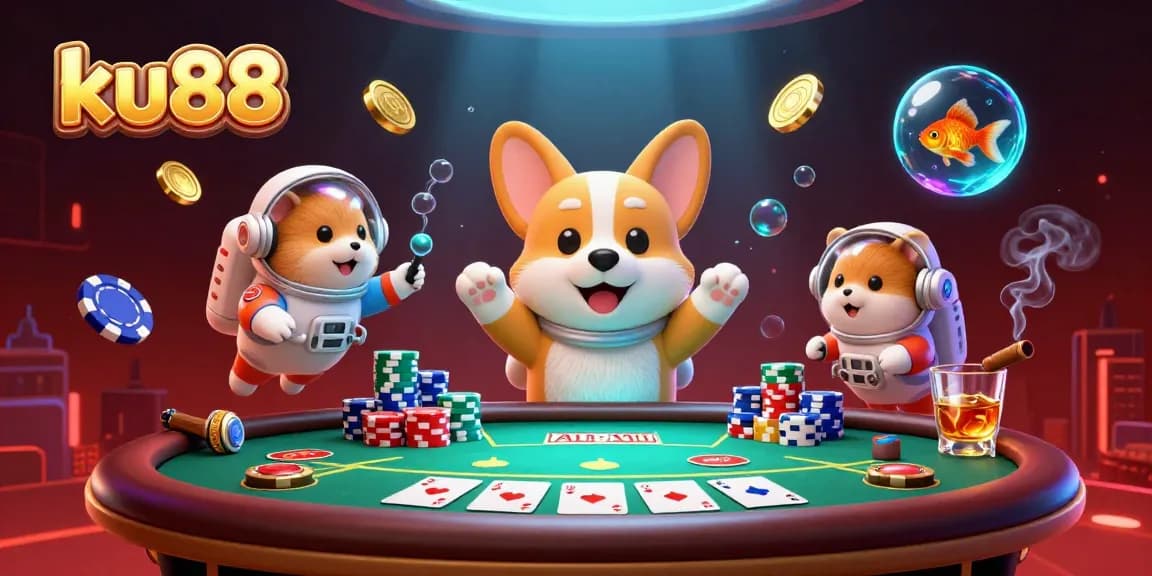 Engage with ku88 in a vibrant space casino as a corgi explores dynamic poker adventures.