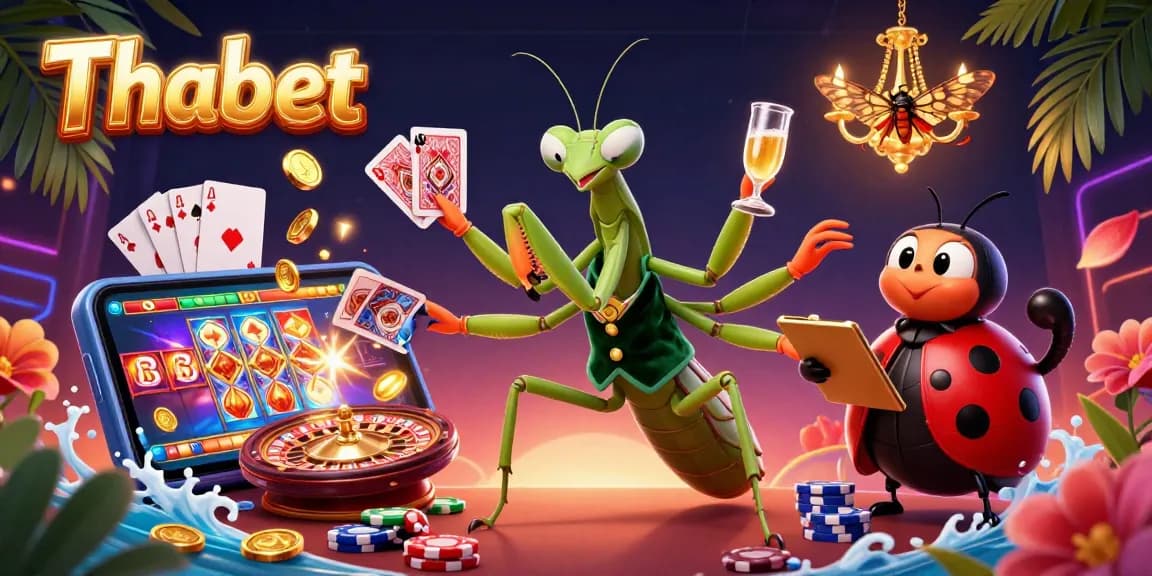 Experience thrilling gameplay at Thabet with a vibrant casino scene featuring a giant praying mantis card sharp.