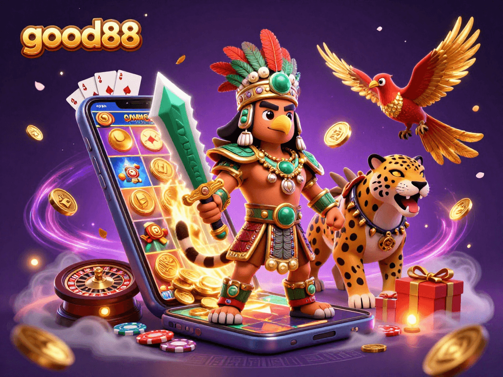 Experience the excitement of good88 with a vibrant casino scene featuring Aztec warrior elements.