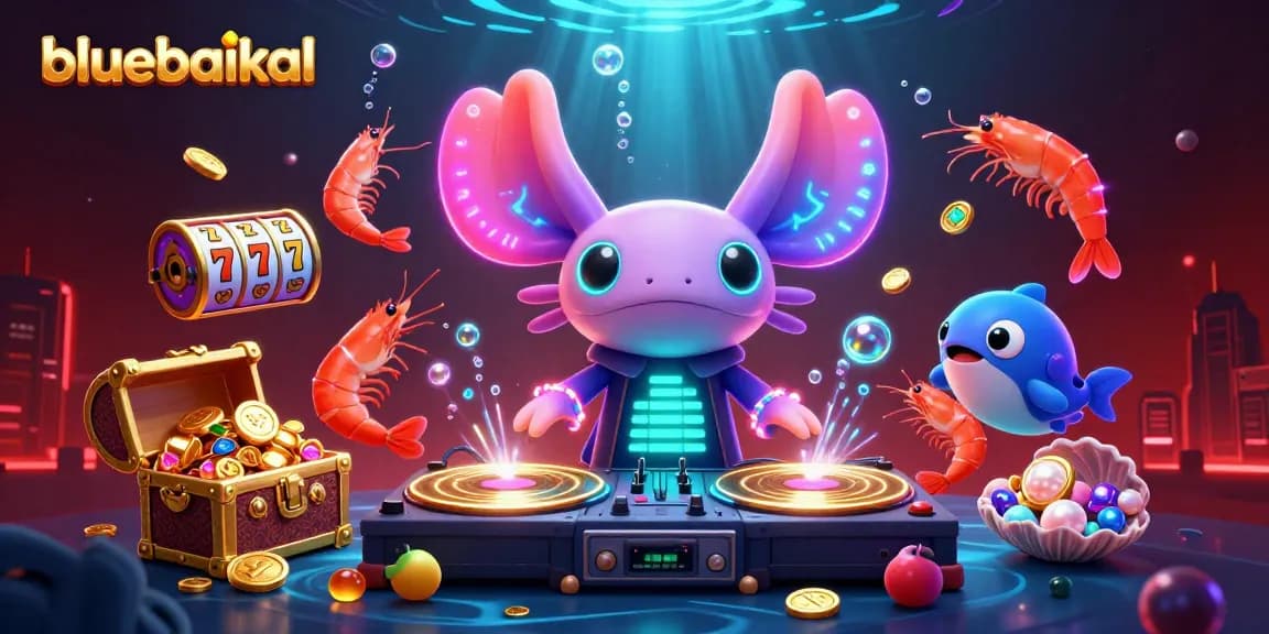 Join the celebration at bluebaikal casino, featuring a vibrant axolotl DJ surrounded by swirling slot reels and colorful gems.
