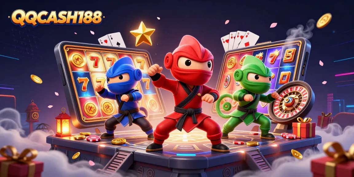 Play thrilling slot games and explore QQCASH188 with a vibrant 3D casino scene filled with action.
