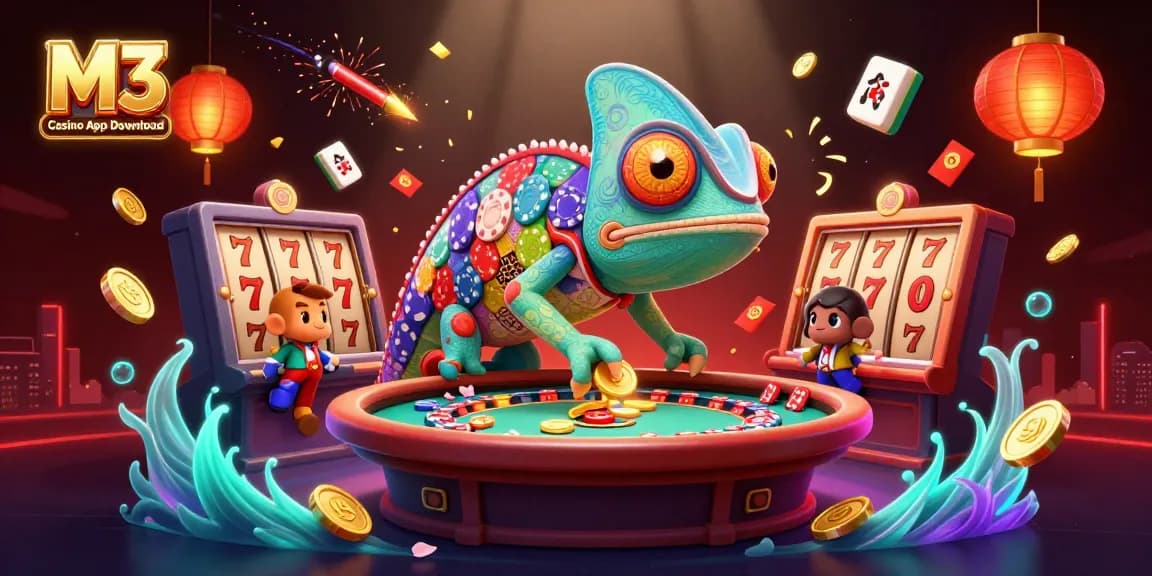 Play and win real money with M3 Casino App Download, featuring 3D chameleon and vibrant casino elements.
