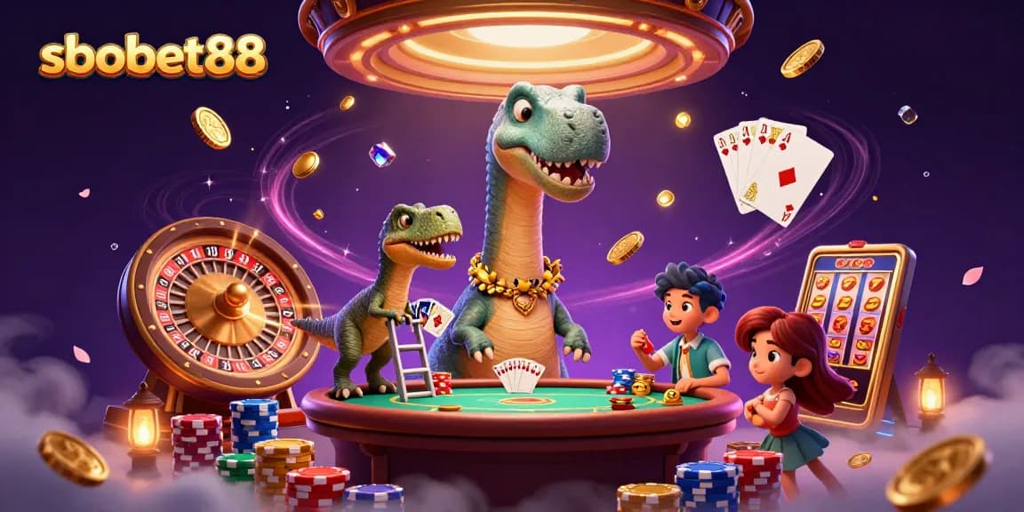 Experience sbobet88 with a lively brontosaurus, clever raptor, and vibrant casino elements.