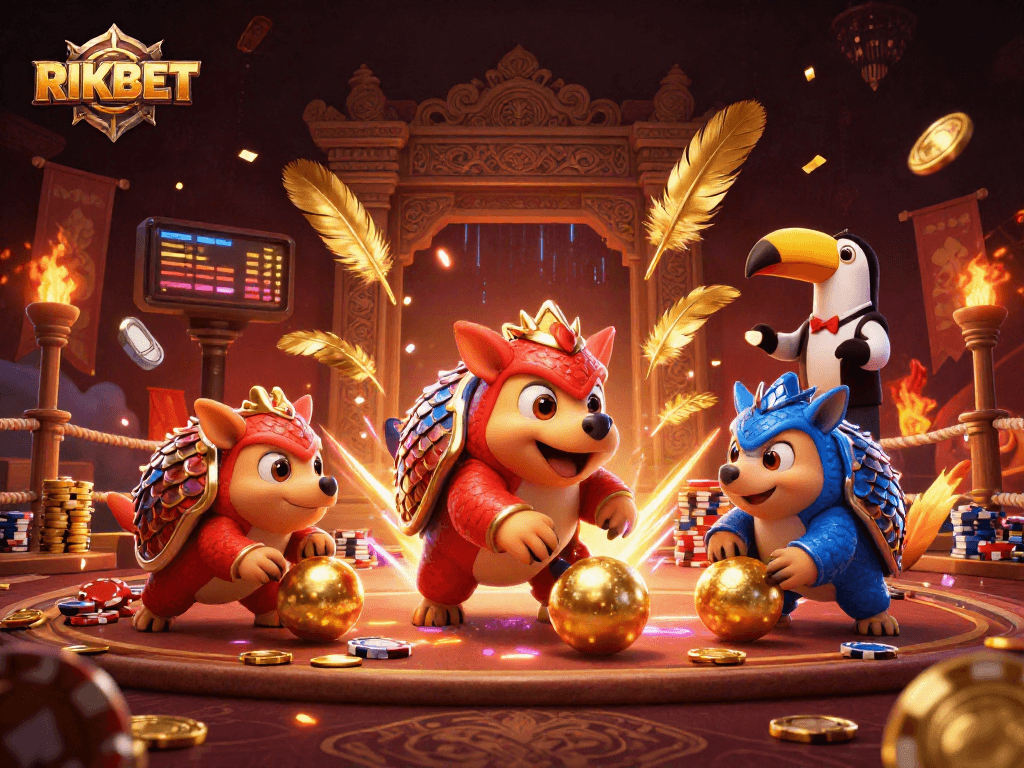 Engaging rivalry at RIKBET casino with pangolins and vibrant gaming elements.