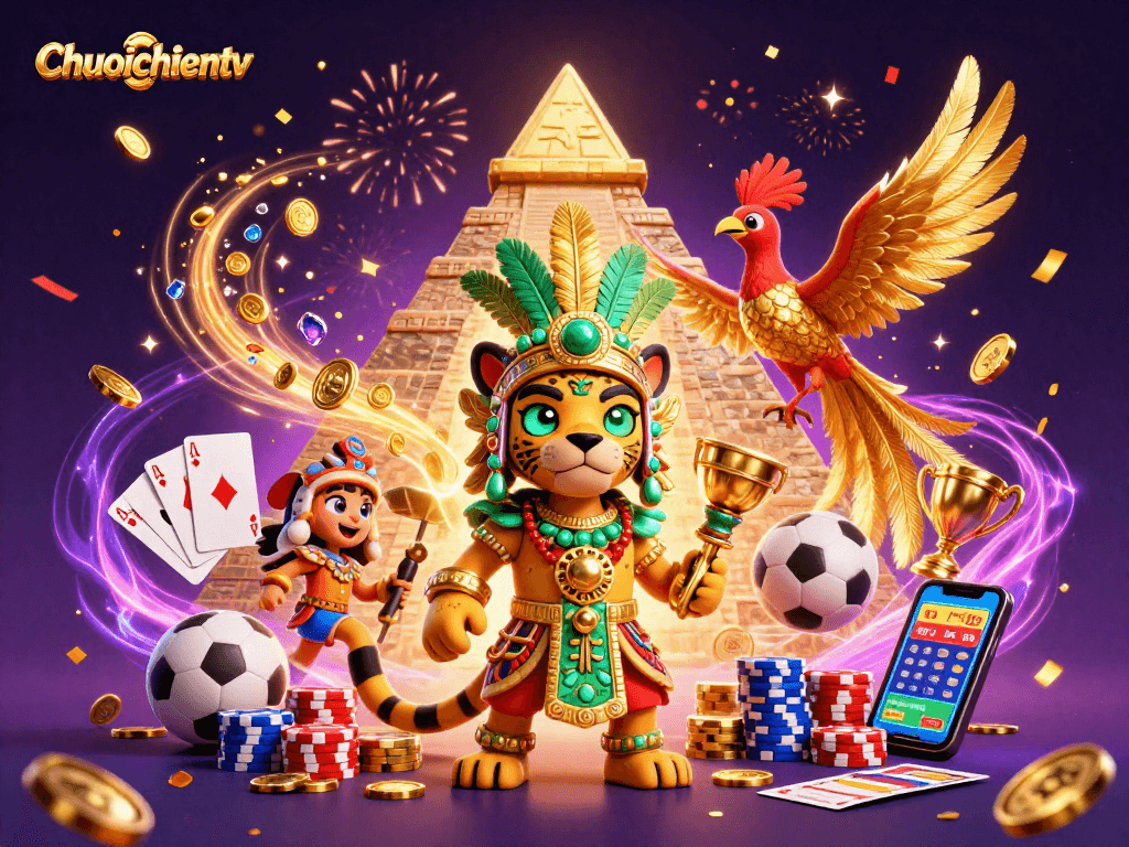 Experience thrilling sports betting with Chuoichientv's lively illustration of a casino scene, featuring vibrant characters and dynamic elements.