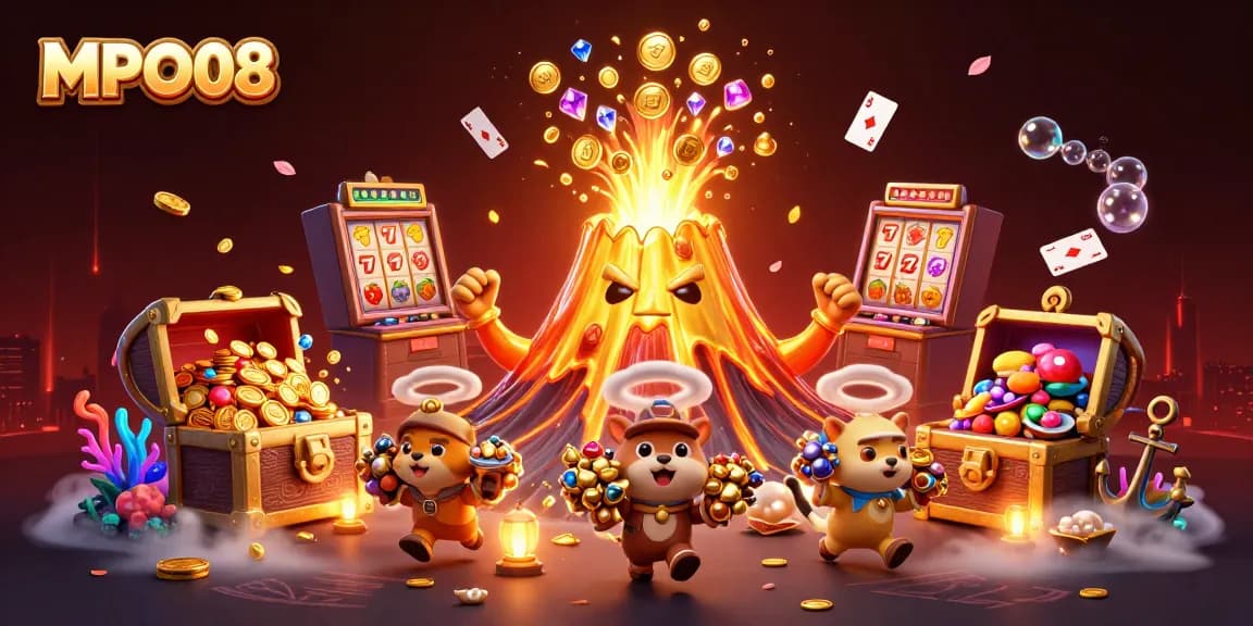 MPO08 offers vibrant slot visuals with golden treasure erupting from a volcano
