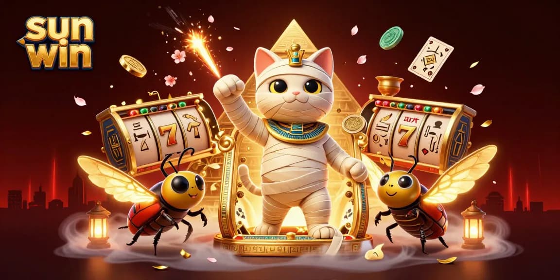 Experience the excitement of sun win in a vibrant pyramid casino scene featuring a mummy cat, scarab beetle, and slot reels.