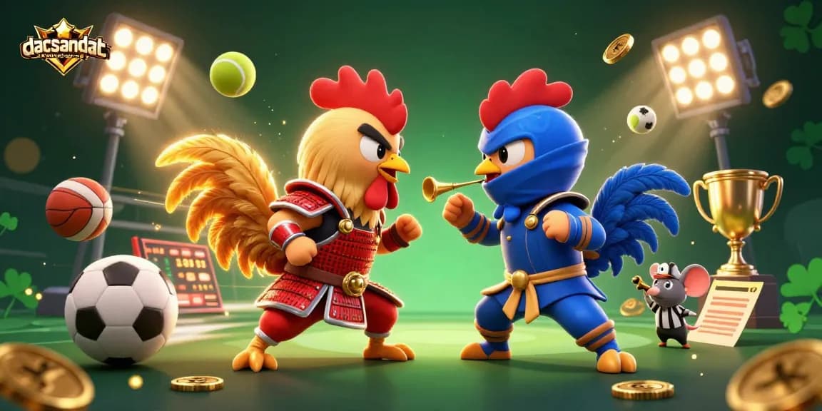 Bet on dacsandatphanrang in a vibrant casino showdown with epic roosters and sports elements.
