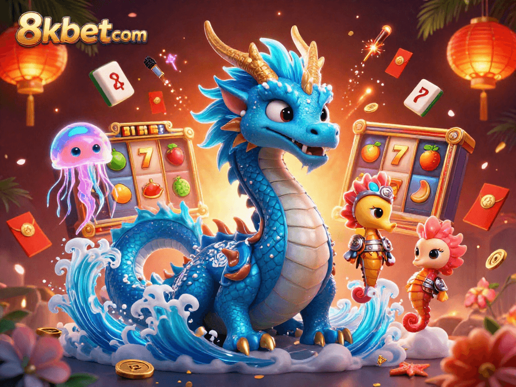 Experience 8kbetcom with dynamic illustrations of vibrant dragon-themed slot games and marine adventure elements.