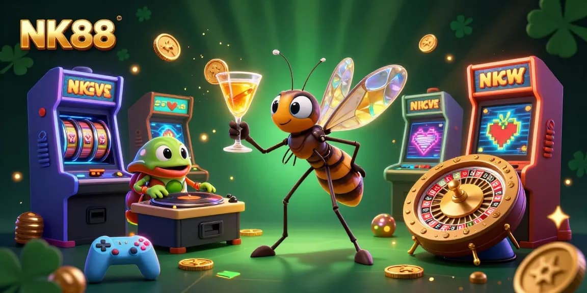 Engage with NK88, a 3D cartoon casino scene featuring iconic gaming characters and vibrant elements.