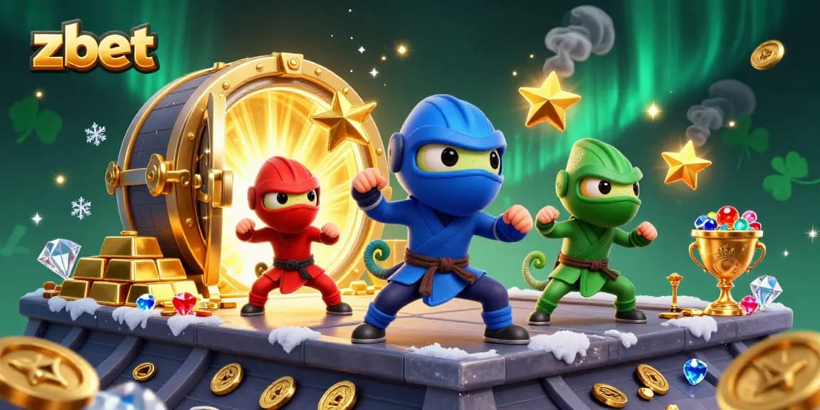 zbet showcases a dynamic ninja chameleon team amidst gold treasures and casino elements