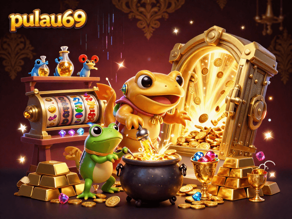 Experience pulau69 thrilling jackpots with a golden salamander and friends in a magical casino scene.