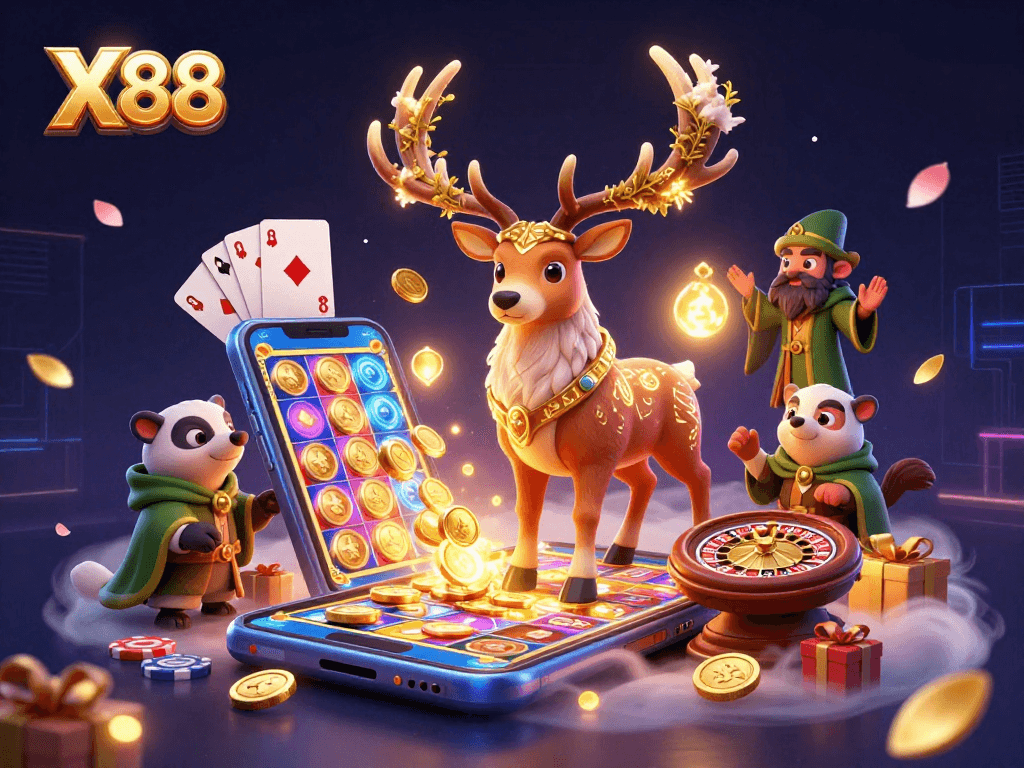 X88 offers thrilling gameplay with a vibrant 3D scene featuring cartoon characters amidst dynamic casino elements.