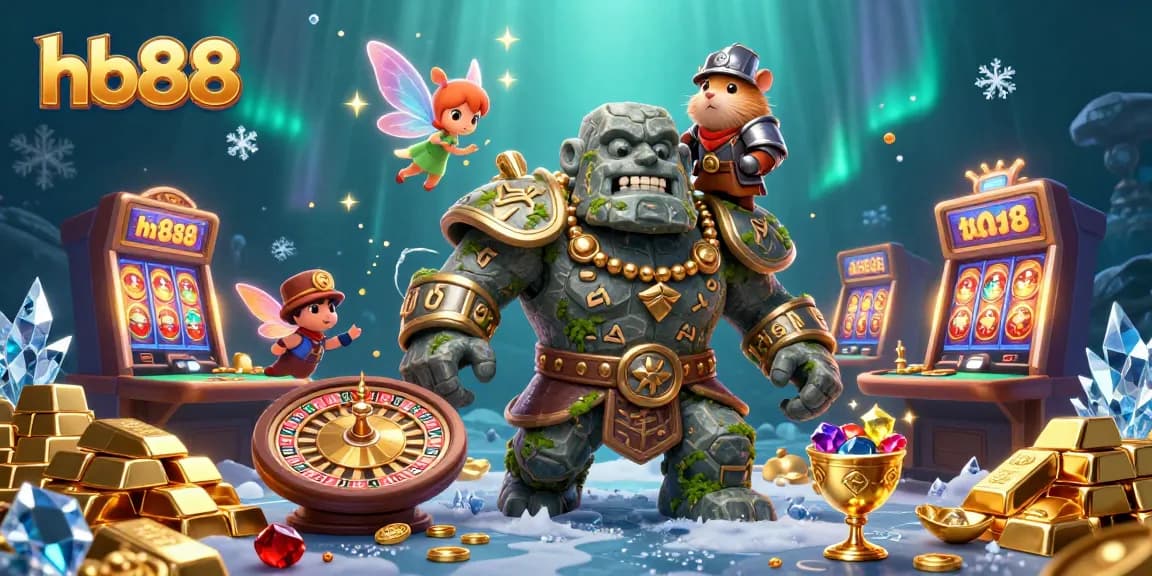 Experience thrilling games at hb88 with an enchanted golem and magical companions in a vibrant casino scene.
