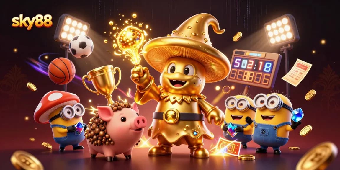 sky88 captures a vibrant sports betting scene with dynamic characters and elements highlighting thrilling gameplay.