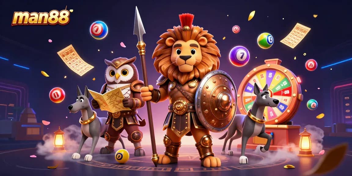 Experience man88 excitement with a vibrant lottery scene featuring a heroic lion and animated game elements.