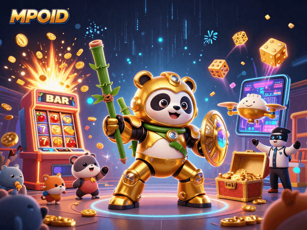 MPOID slot machine jackpot explosion with engaging 3D characters creating an immersive casino scene.
