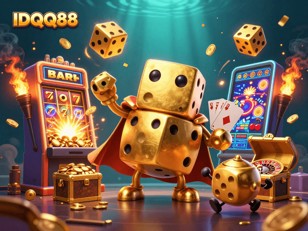 Experience IDQQ88 with a vibrant 3D illustration of golden dice and a jackpot explosion.