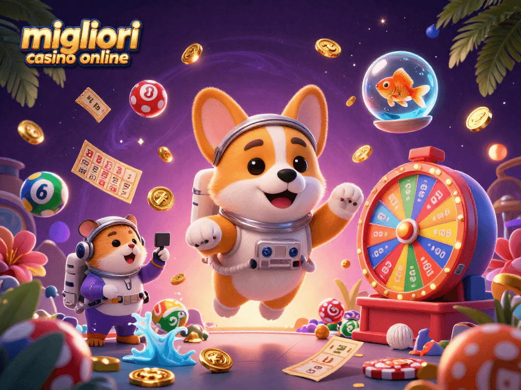 Gioca nei migliori casino online, in un'illustrazione dinamica con un corgi astronauta e elementi vivaci.