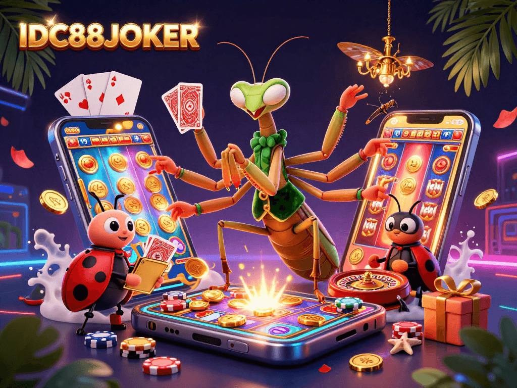 Experience the excitement of gaming at IDC88JOKER with our vibrant casino scene featuring dynamic characters and rich elements.