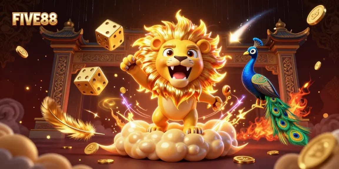 Engage in exciting gaming with FIVE88, featuring vibrant casino elements and dynamic characters.