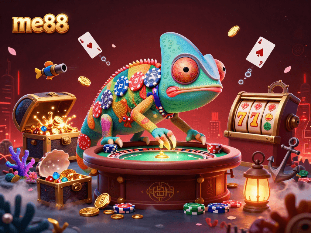 Play thrilling casino games at me88 with vivid 3D illustration of a chameleon owner and vibrant gaming elements.