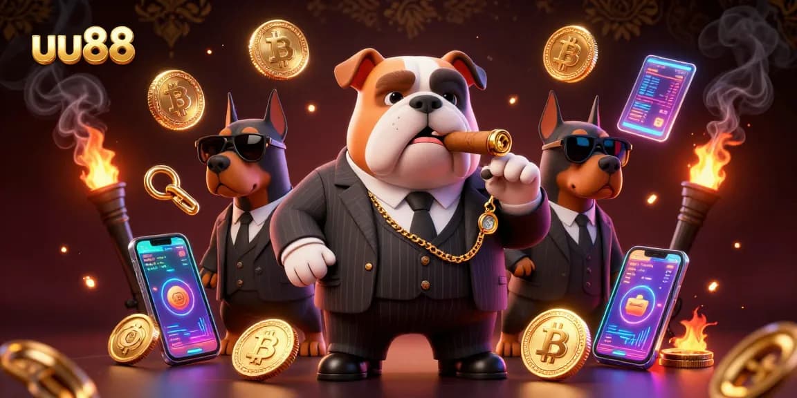 Spin to win at uu88 with a stylish mafia bulldog and his guards amidst vibrant gaming elements.